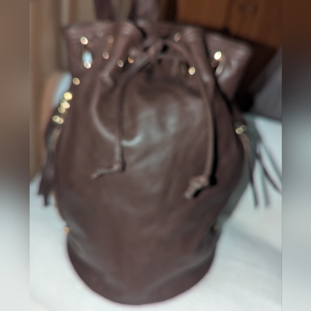 Chic Brown Leather Backpack With Drawstring Closu… - image 5